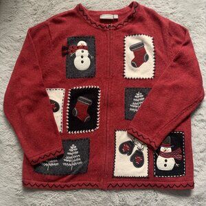 Croft & Barrow Women's Full Zip Christmas Sweater Size1X Embroidered Snowman Red